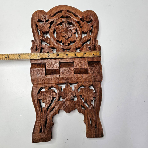 Hand Carved Wooden Book Holder Cookbook Stand Countertop Bohemian Boho India - Picture 10 of 12